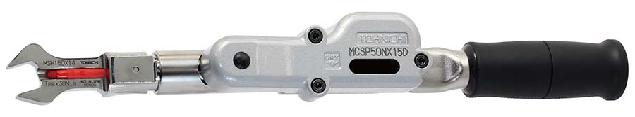 Shown: MCSP50NX15D preset type interchangeable open end head marking torque wrench, with MSH15DX14 head and red marker